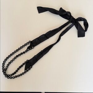 Black Fabric Wrapped Faux Pearl Necklace with Ribbon Tie